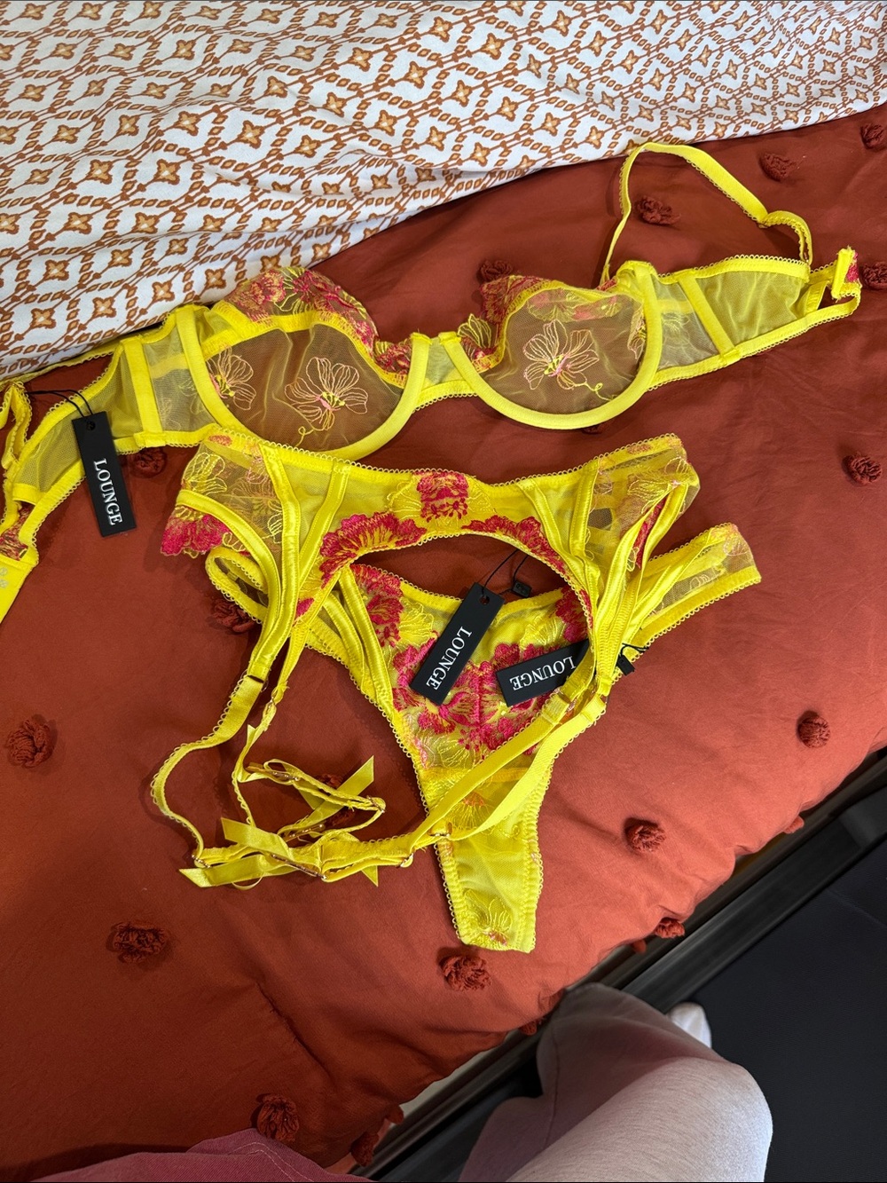 Lounge Underwire Bra & Garter Thong Set in Yellow with Pink Embroidery